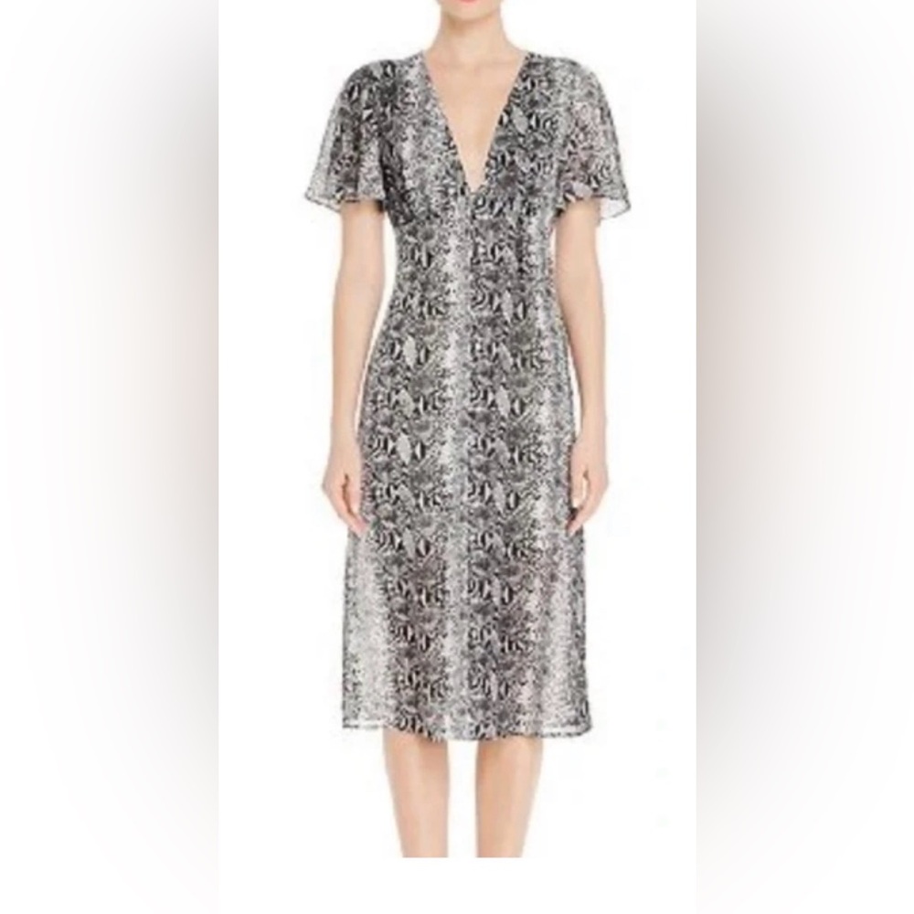 Aqua Blue, Black and White Snake Skin Print Midi Dress